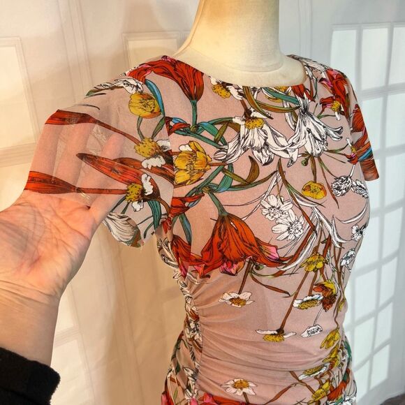 Kay Unger Dusty Pink Floral Short Sleeve Ruched Bodycon Dress Medium - Picture 2 of 11